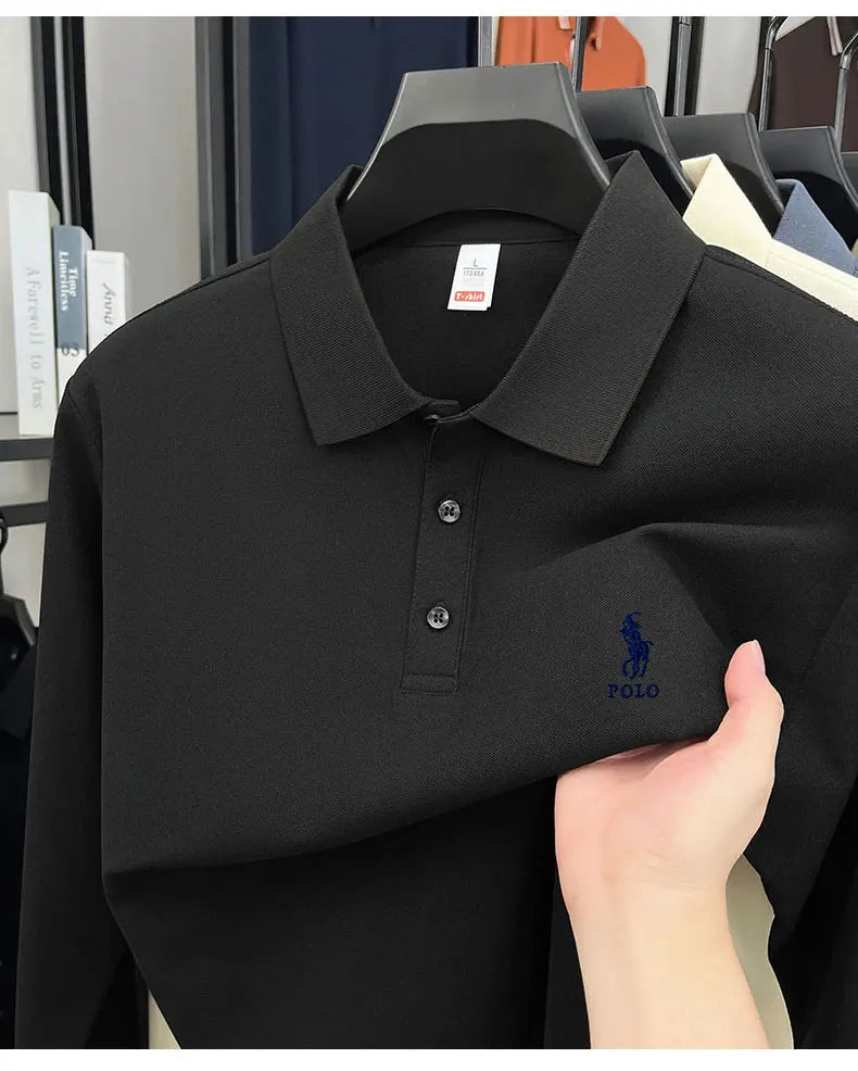 2025 autumn men's long sleeved T-shirt with a solid color polo shirt and a loose casual plus size base shirt