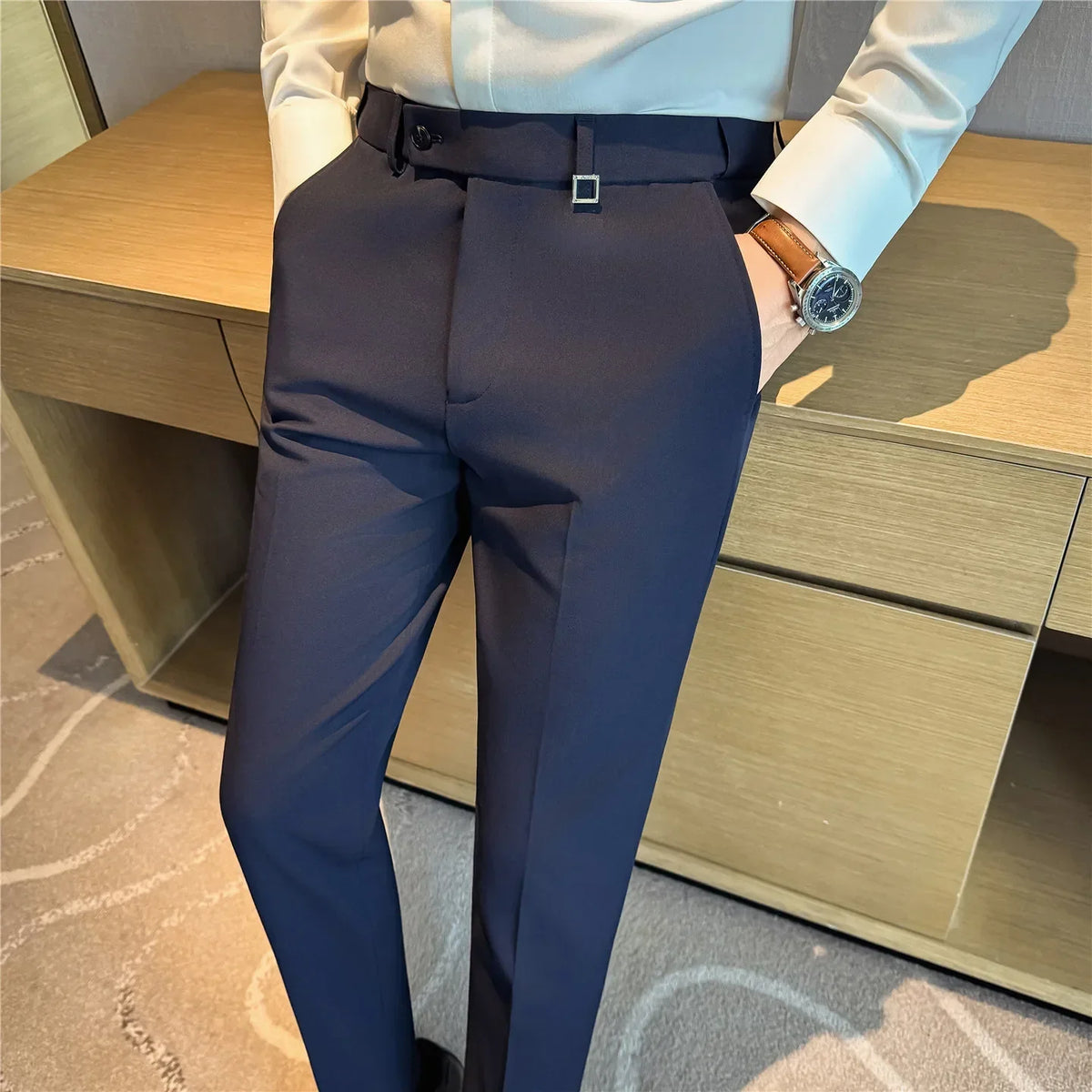 High Quality Invisible Elastic Waist Business Casual Suit Pants Built-in Anti Slip Strip Slim Fit Office Social Dress Trousers