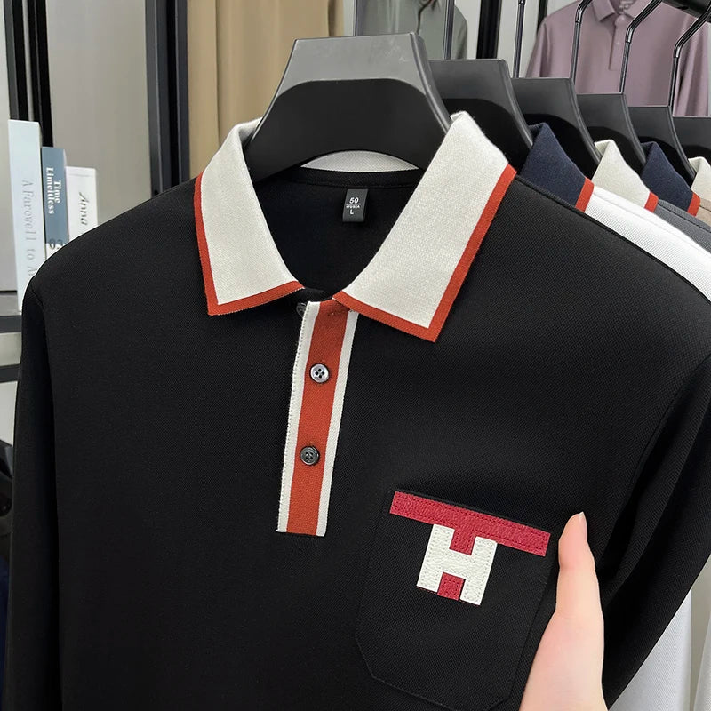 Light Luxury Fashion 100% Pure Cotton Polo Shirt Men's Long Sleeved Autumn New Item Middle-aged Dad Collar Base T-shirt