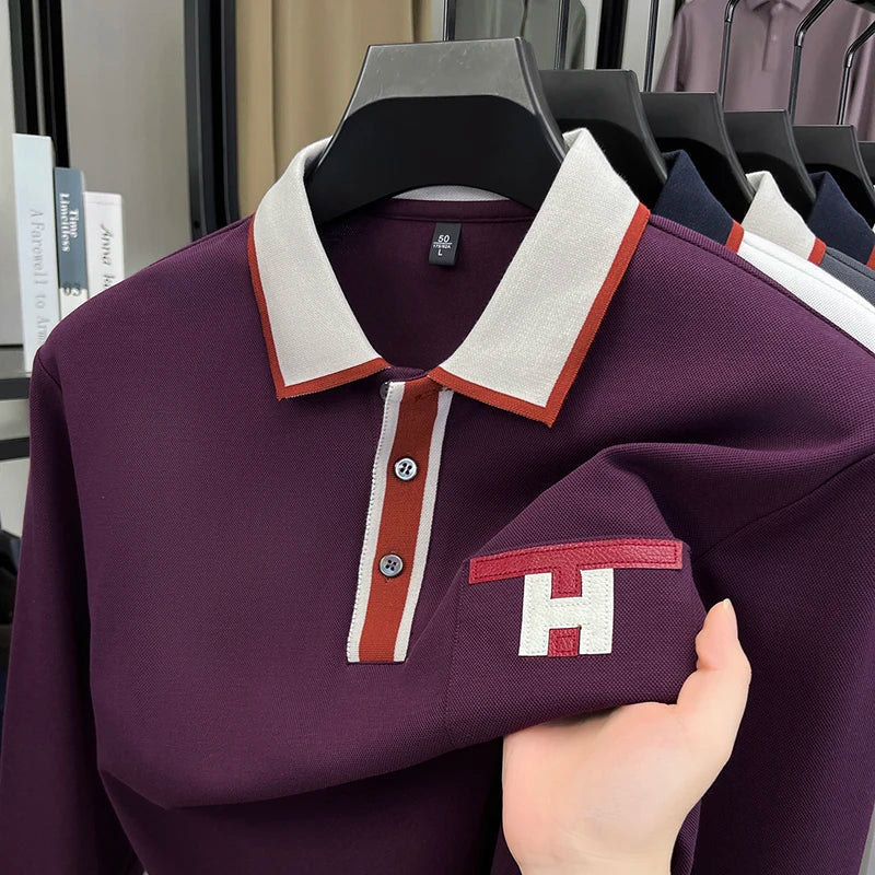 Light Luxury Fashion 100% Pure Cotton Polo Shirt Men's Long Sleeved Autumn New Item Middle-aged Dad Collar Base T-shirt