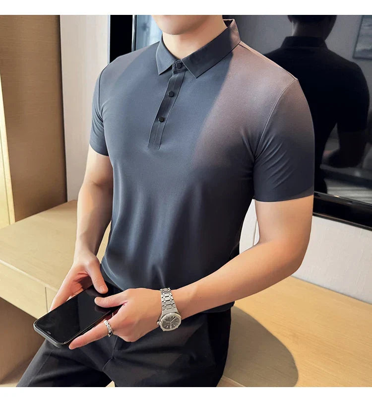 Ice Silk High Elastic Seamless T-shirt ,Summer Thin Polo Shirt, Solid Color Polo Collar Short Sleeve Brown Top, Business Leisure