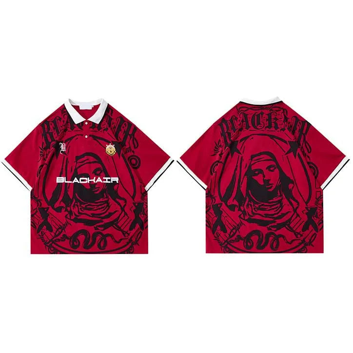 Hip Hop Streetwear Polo T-Shirt Virgin Mary Graphic T Shirt Men Polo Shirt Short Sleeve Harajuku Cotton Tops Tees Red Grey