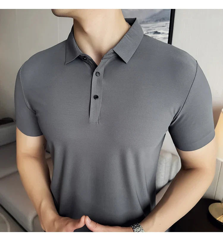 Ice Silk High Elastic Seamless T-shirt ,Summer Thin Polo Shirt, Solid Color Polo Collar Short Sleeve Brown Top, Business Leisure