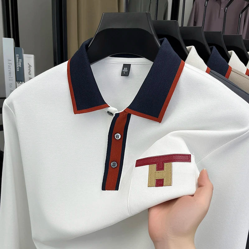 Light Luxury Fashion 100% Pure Cotton Polo Shirt Men's Long Sleeved Autumn New Item Middle-aged Dad Collar Base T-shirt