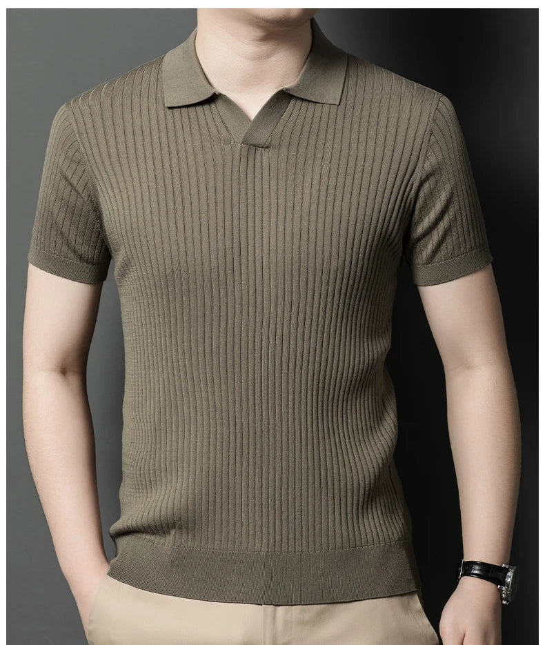 Mulberry Silk Men's Short-Sleeved Shirt, Slim Fit Summer Business Gentleman Men's Polo Shirt in 2024, High-End Knitwear