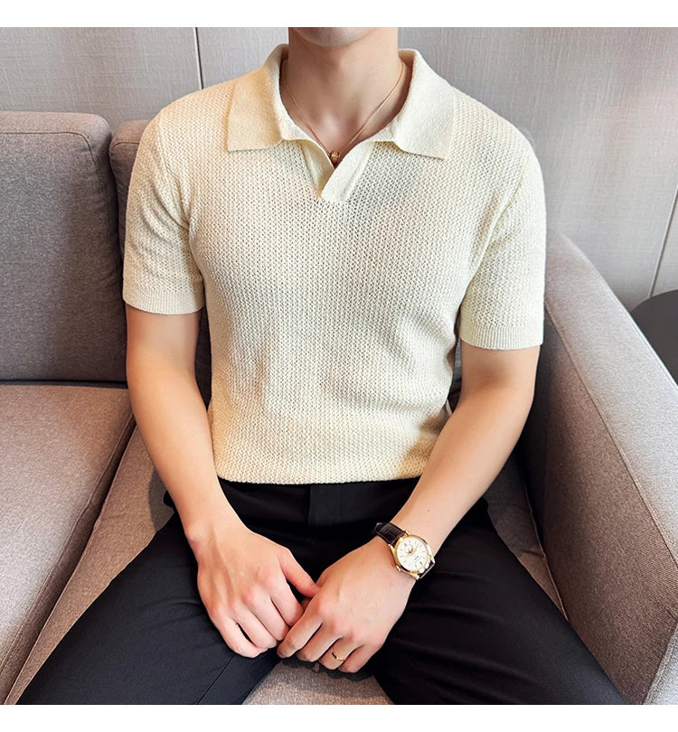 Hollow Knitted Short-Sleeved T-shirt, V-neck Brown Polo Shirt, High-End Quality, Cool, Luxury Genuine Goods，Slim Top