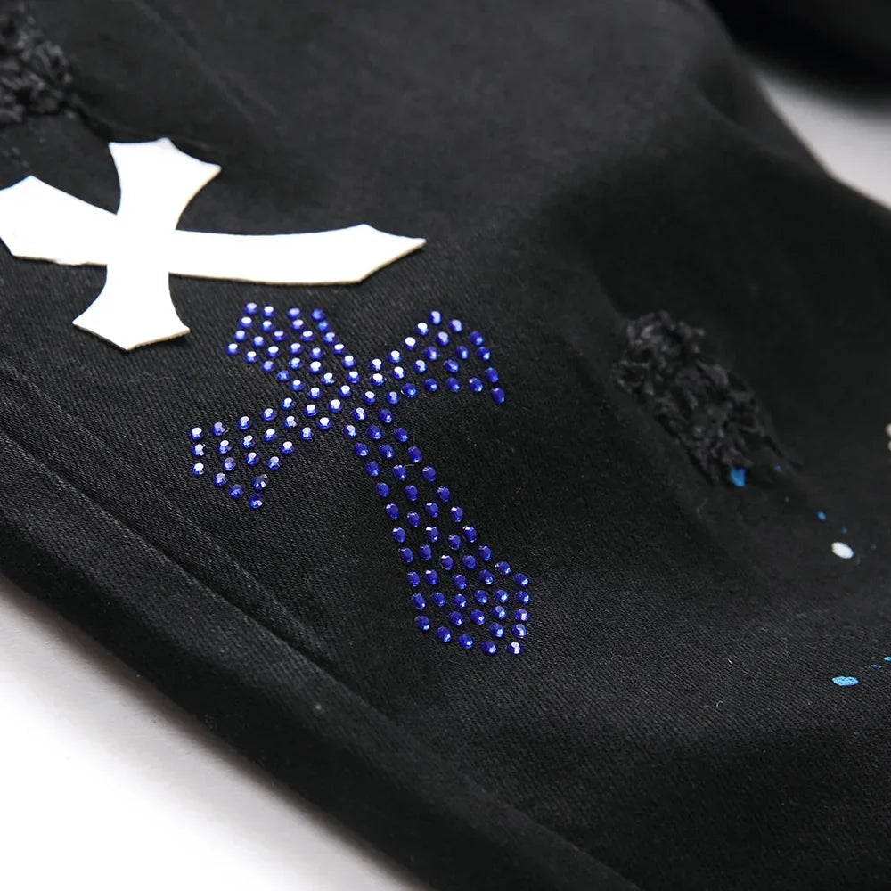 Men Crystal Cross Stretch Denim Jeans Holes Ripped Distressed Black Pants Embroidery Slim Tapered Trousers
