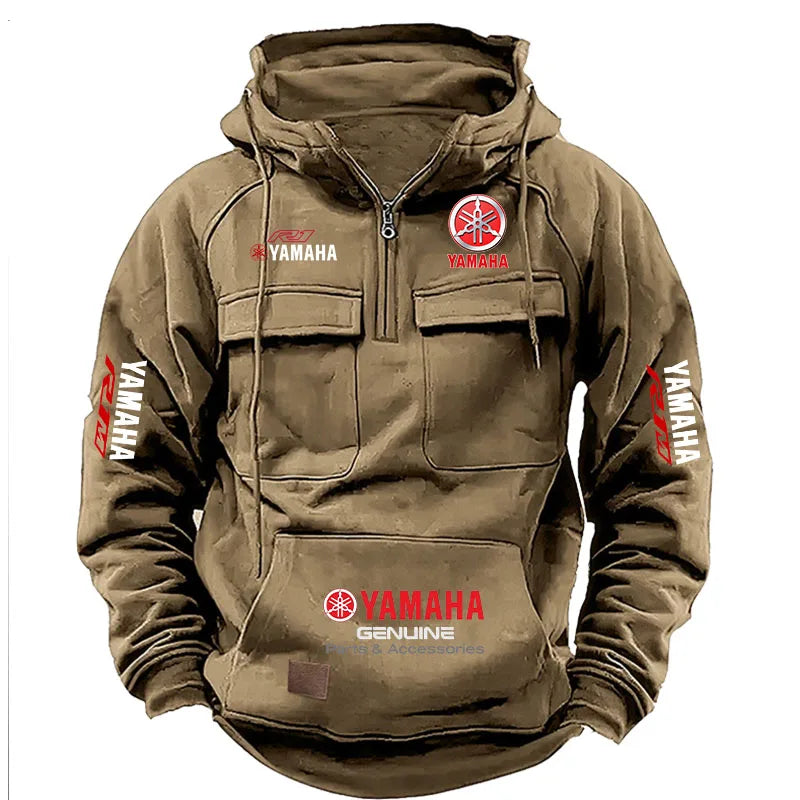 2026 New YAMAHA logo  Motorcycle Racing Race Retro Velvet Half Zipper Hoodie Men's Multi Pocket Autumn/Winter Casual Sweatshirt