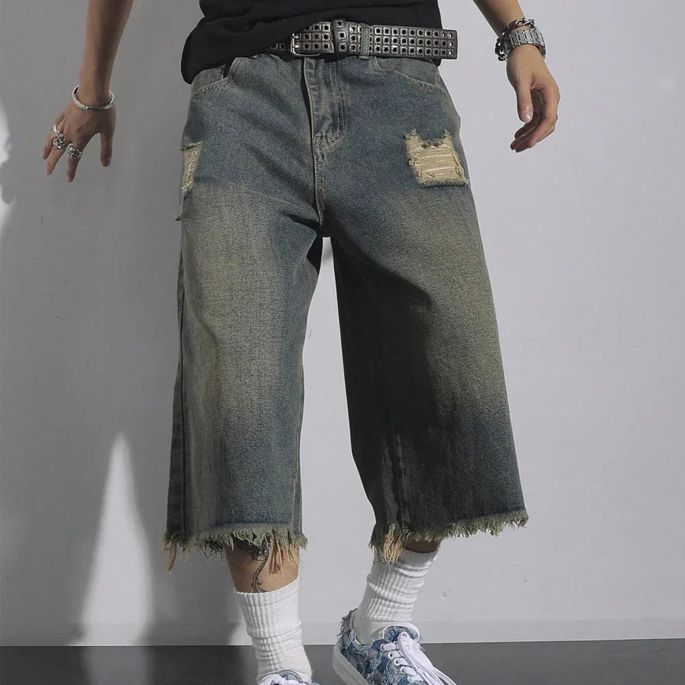 Men's Loose Ripped Denim Jeans 7 Point Calf Length Wide Leg Trousers Distressed Holes Frayed Hem Streetwear Casual Pants