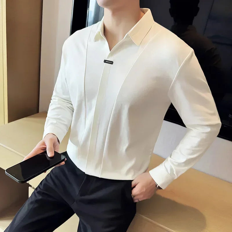 Stitching Special V-neck Long-Sleeved Polo Shirt, Men's High-Grade Elasticity Traceless Lapel T-shirt, Royal Blue Seamless Top