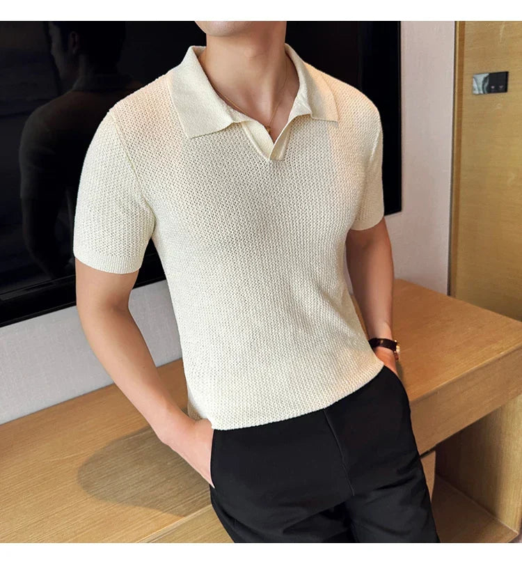 Hollow Knitted Short-Sleeved T-shirt, V-neck Brown Polo Shirt, High-End Quality, Cool, Luxury Genuine Goods，Slim Top