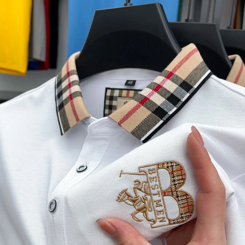 Luxury brand short sleeve men's polo shirt summer high-end fashion plaid embroidery lapel casual T-shirt breathable cotton top