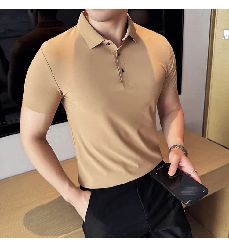 Ice Silk High Elastic Seamless T-shirt ,Summer Thin Polo Shirt, Solid Color Polo Collar Short Sleeve Brown Top, Business Leisure