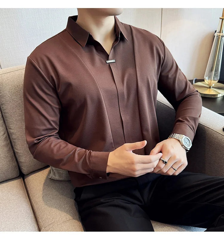 Stitching Special V-neck Long-Sleeved Polo Shirt, Men's High-Grade Elasticity Traceless Lapel T-shirt, Royal Blue Seamless Top