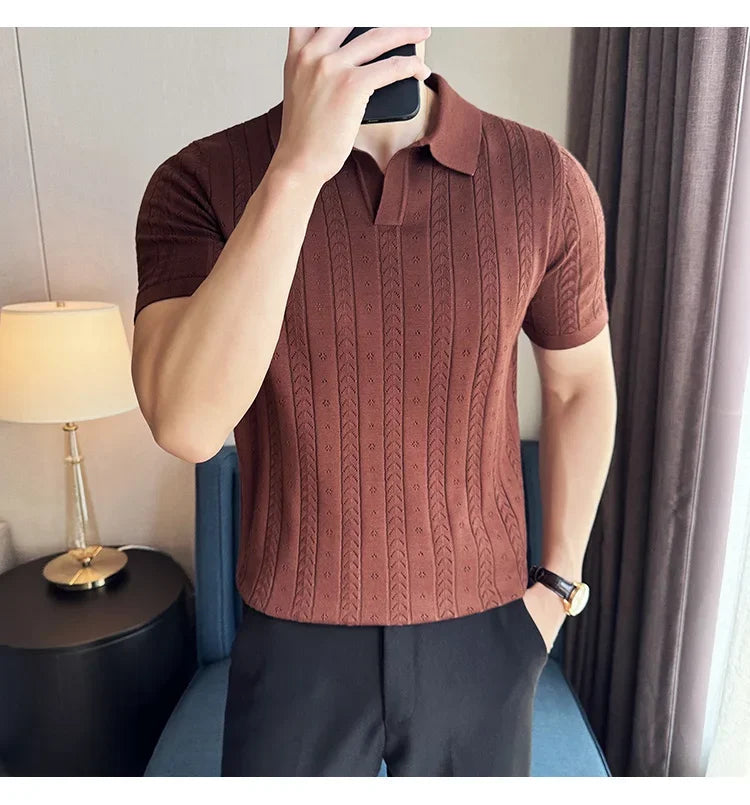 Men's Polo Shirt, Striped Jacquard Knit Short Sleeve, T-shirt V-neck Solid Color Elastic Top 2024. M-3XL,Summer Purple Thin