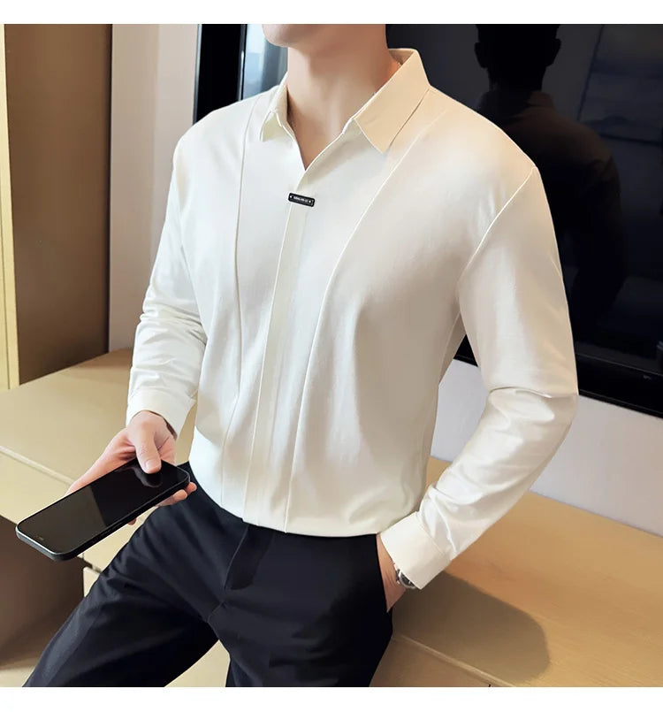 Stitching Special V-neck Long-Sleeved Polo Shirt, Men's High-Grade Elasticity Traceless Lapel T-shirt, Royal Blue Seamless Top