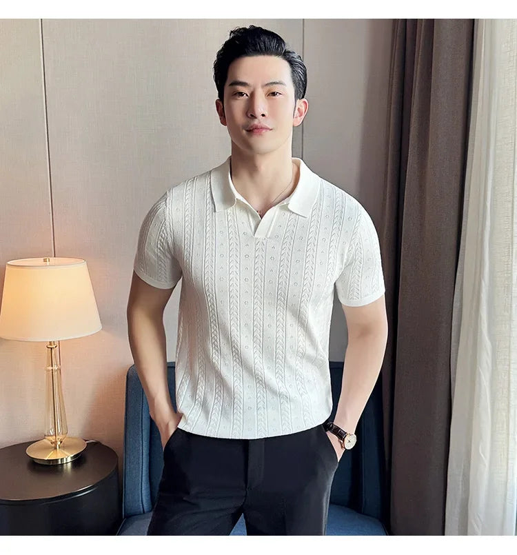 Men's Polo Shirt, Striped Jacquard Knit Short Sleeve, T-shirt V-neck Solid Color Elastic Top 2024. M-3XL,Summer Purple Thin