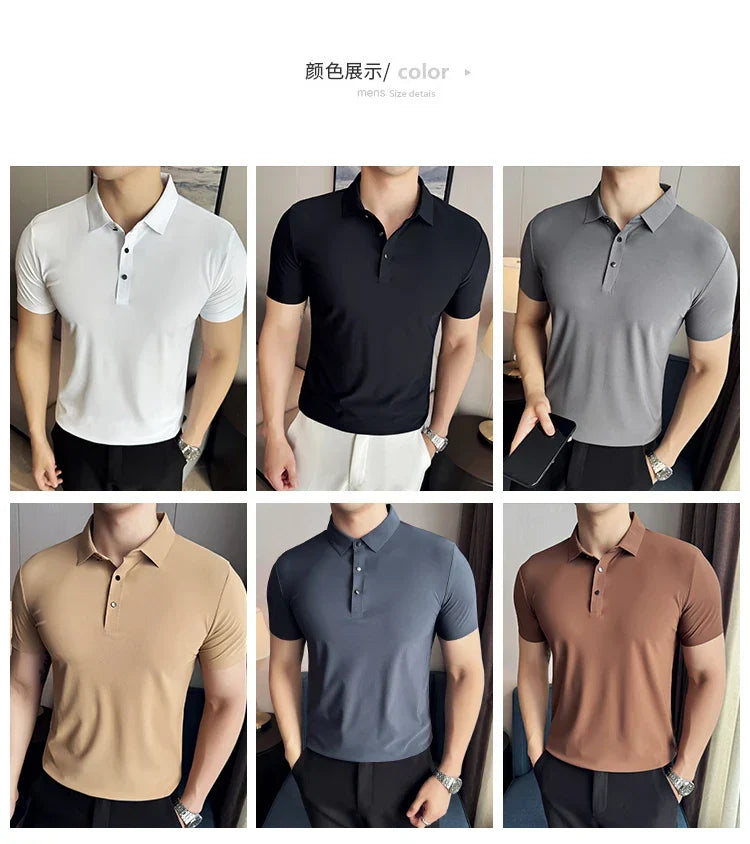 Ice Silk High Elastic Seamless T-shirt ,Summer Thin Polo Shirt, Solid Color Polo Collar Short Sleeve Brown Top, Business Leisure