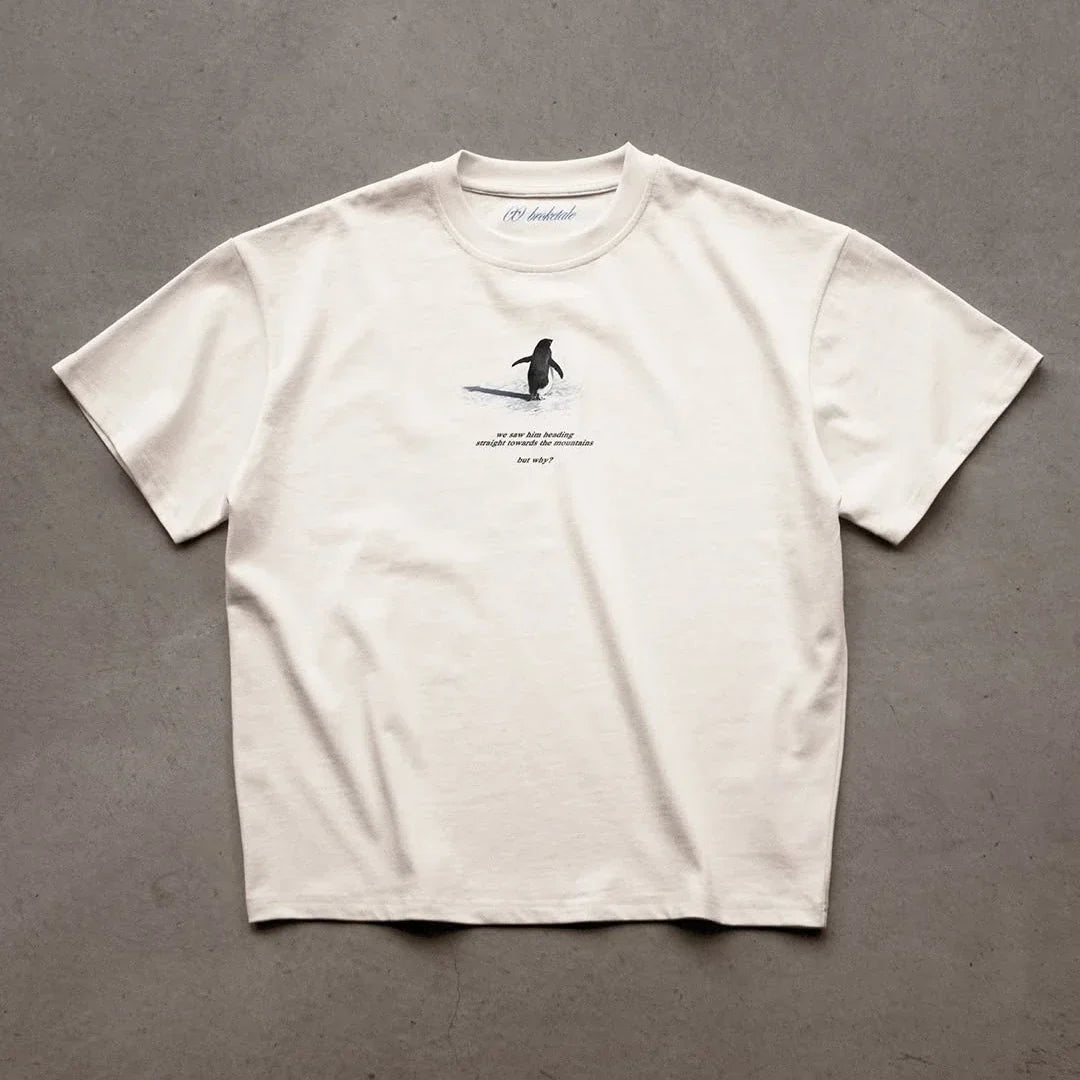 Y2K Men's T-shirt Fashion Broketale Snow Mountain Penguin Print Graphic Round Neck Shirt Oversized Unisex Casual Men's Clothing