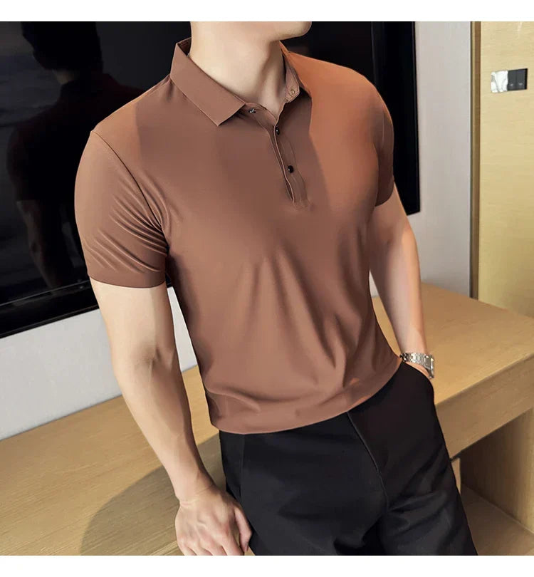 Ice Silk High Elastic Seamless T-shirt ,Summer Thin Polo Shirt, Solid Color Polo Collar Short Sleeve Brown Top, Business Leisure