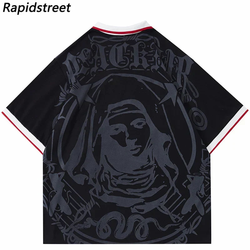 Hip Hop Streetwear Polo T-Shirt Virgin Mary Graphic T Shirt Men Polo Shirt Short Sleeve Harajuku Cotton Tops Tees Red Grey