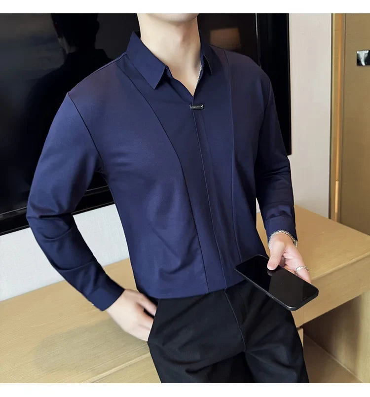 Stitching Special V-neck Long-Sleeved Polo Shirt, Men's High-Grade Elasticity Traceless Lapel T-shirt, Royal Blue Seamless Top