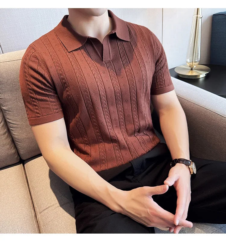 Men's Polo Shirt, Striped Jacquard Knit Short Sleeve, T-shirt V-neck Solid Color Elastic Top 2024. M-3XL,Summer Purple Thin