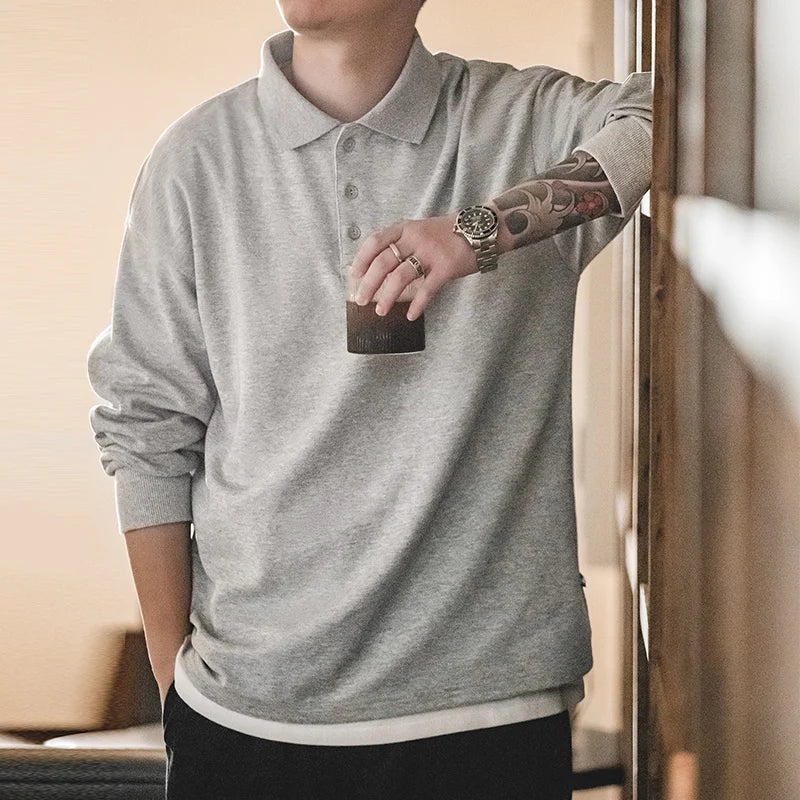 Spring Vintage Oversize Polo Shirts for Men Business Casual Solid Color Long Sleeve T-shirt Stylish Lapel Plain Tops