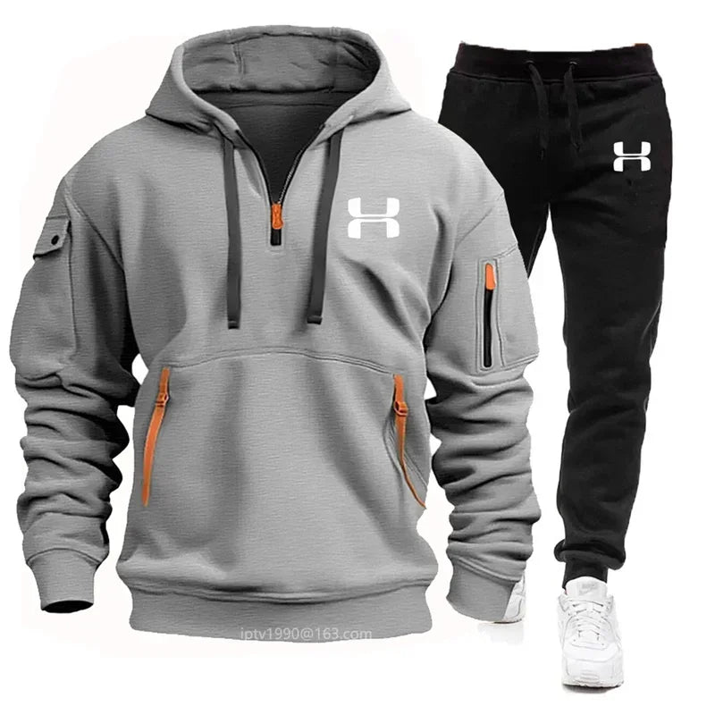 Men new autumn and winter multi-pocket zipper long-sleeved hoodie + sports and leisure pants two-piece fitness jogging suit
