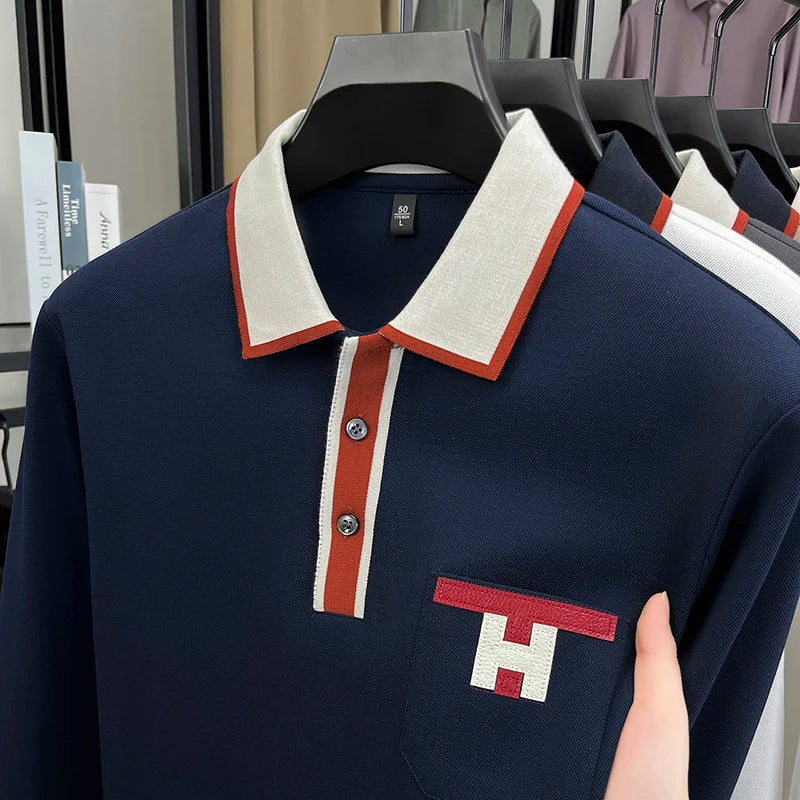 Light Luxury Fashion 100% Pure Cotton Polo Shirt Men's Long Sleeved Autumn New Item Middle-aged Dad Collar Base T-shirt