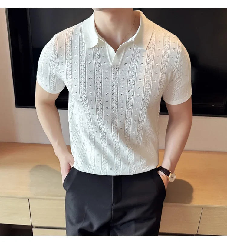 Men's Polo Shirt, Striped Jacquard Knit Short Sleeve, T-shirt V-neck Solid Color Elastic Top 2024. M-3XL,Summer Purple Thin