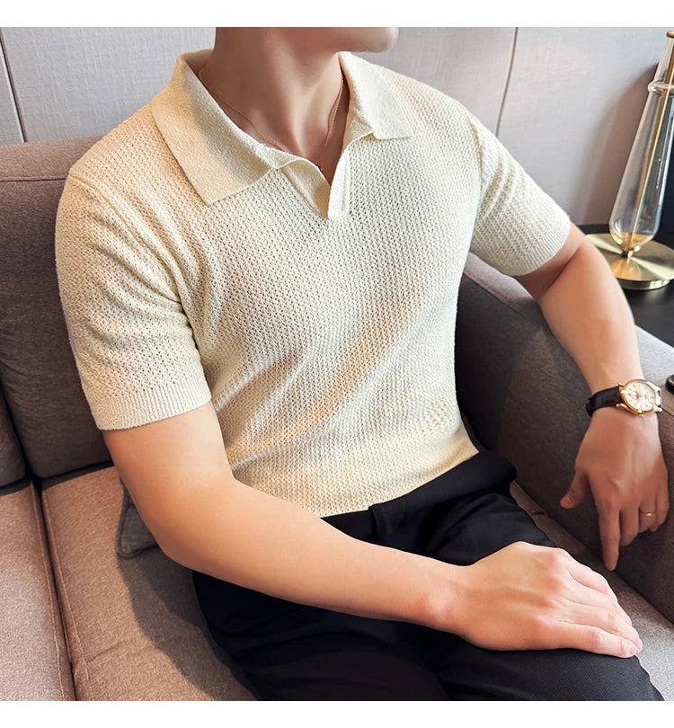 Hollow Knitted Short-Sleeved T-shirt, V-neck Brown Polo Shirt, High-End Quality, Cool, Luxury Genuine Goods，Slim Top