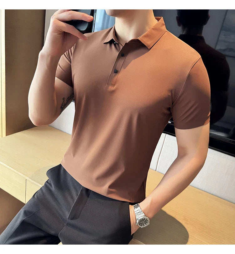 Ice Silk High Elastic Seamless T-shirt ,Summer Thin Polo Shirt, Solid Color Polo Collar Short Sleeve Brown Top, Business Leisure