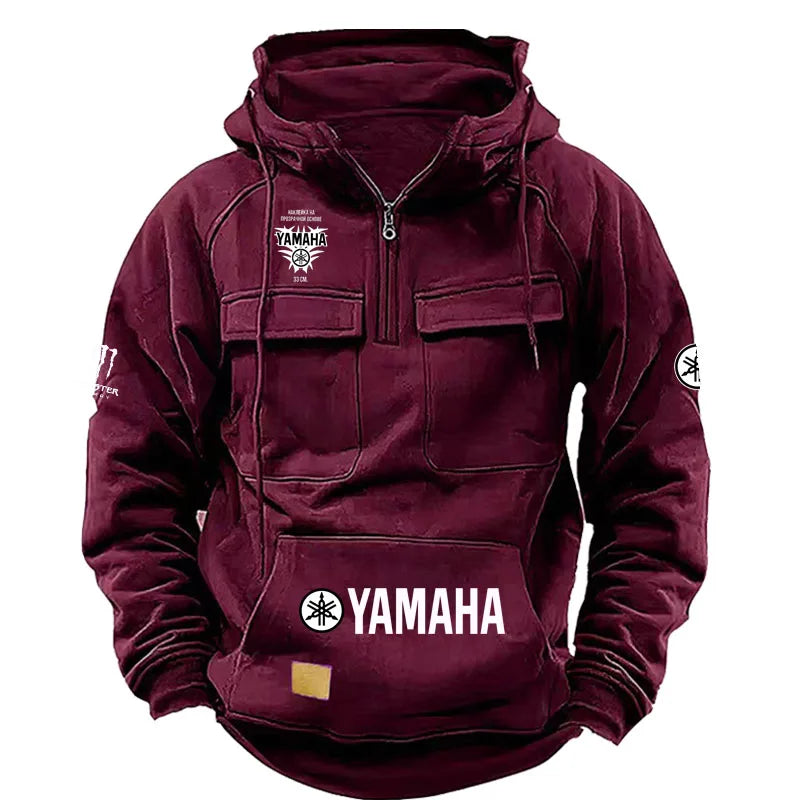 logo Men's Loose Fleece-lined Hoodie Jacket with Multiple Pockets Retro American Style Spring Autumn Winter Casual Outerw
