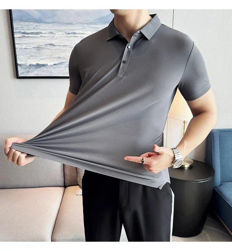 Ice Silk High Elastic Seamless T-shirt ,Summer Thin Polo Shirt, Solid Color Polo Collar Short Sleeve Brown Top, Business Leisure