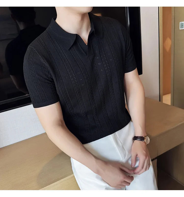 Men's Polo Shirt, Striped Jacquard Knit Short Sleeve, T-shirt V-neck Solid Color Elastic Top 2024. M-3XL,Summer Purple Thin