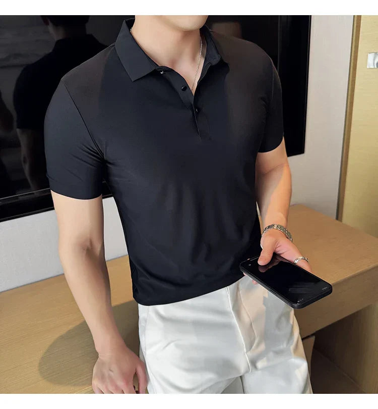 Ice Silk High Elastic Seamless T-shirt ,Summer Thin Polo Shirt, Solid Color Polo Collar Short Sleeve Brown Top, Business Leisure