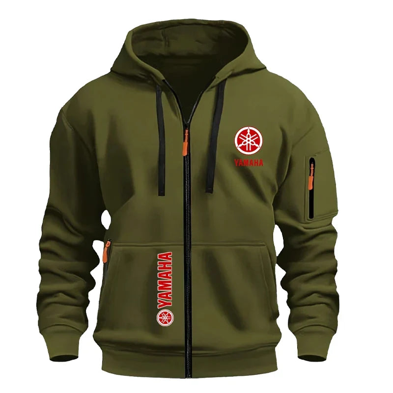 Yamaha Men's Casual Sport Hooded Sweatshirt - Spring/Autumn Street Fashion Outdoor Multi-Pocket Drawstring Loose Zipper Jacket
