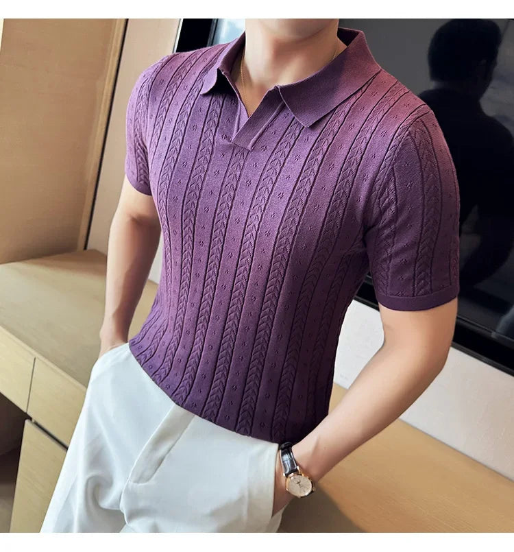 Men's Polo Shirt, Striped Jacquard Knit Short Sleeve, T-shirt V-neck Solid Color Elastic Top 2024. M-3XL,Summer Purple Thin