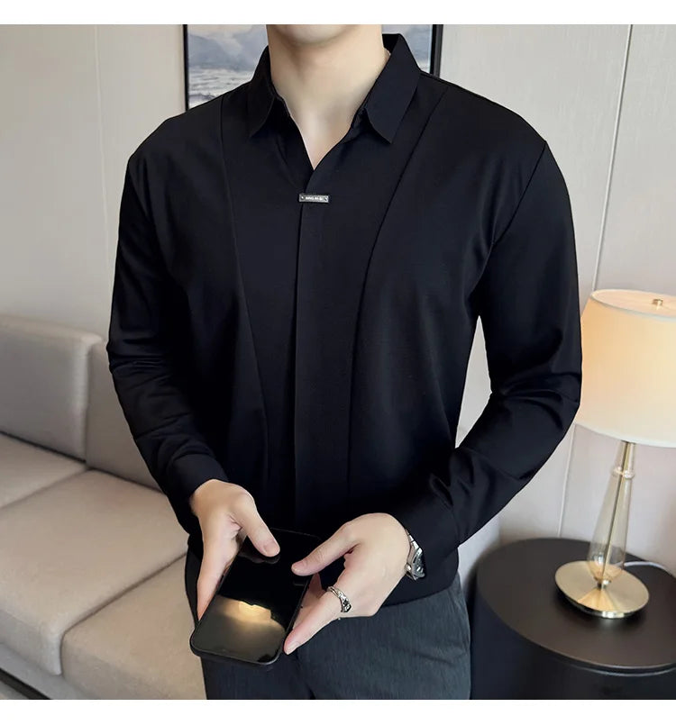 Stitching Special V-neck Long-Sleeved Polo Shirt, Men's High-Grade Elasticity Traceless Lapel T-shirt, Royal Blue Seamless Top