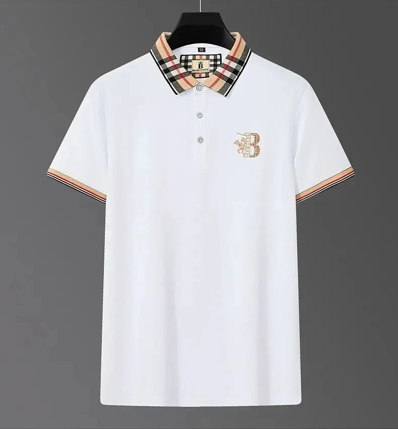 Luxury brand short sleeve men's polo shirt summer high-end fashion plaid embroidery lapel casual T-shirt breathable cotton top
