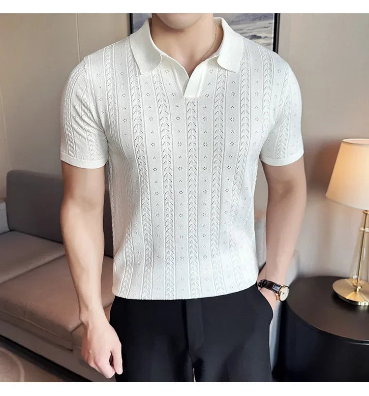 Men's Polo Shirt, Striped Jacquard Knit Short Sleeve, T-shirt V-neck Solid Color Elastic Top 2024. M-3XL,Summer Purple Thin