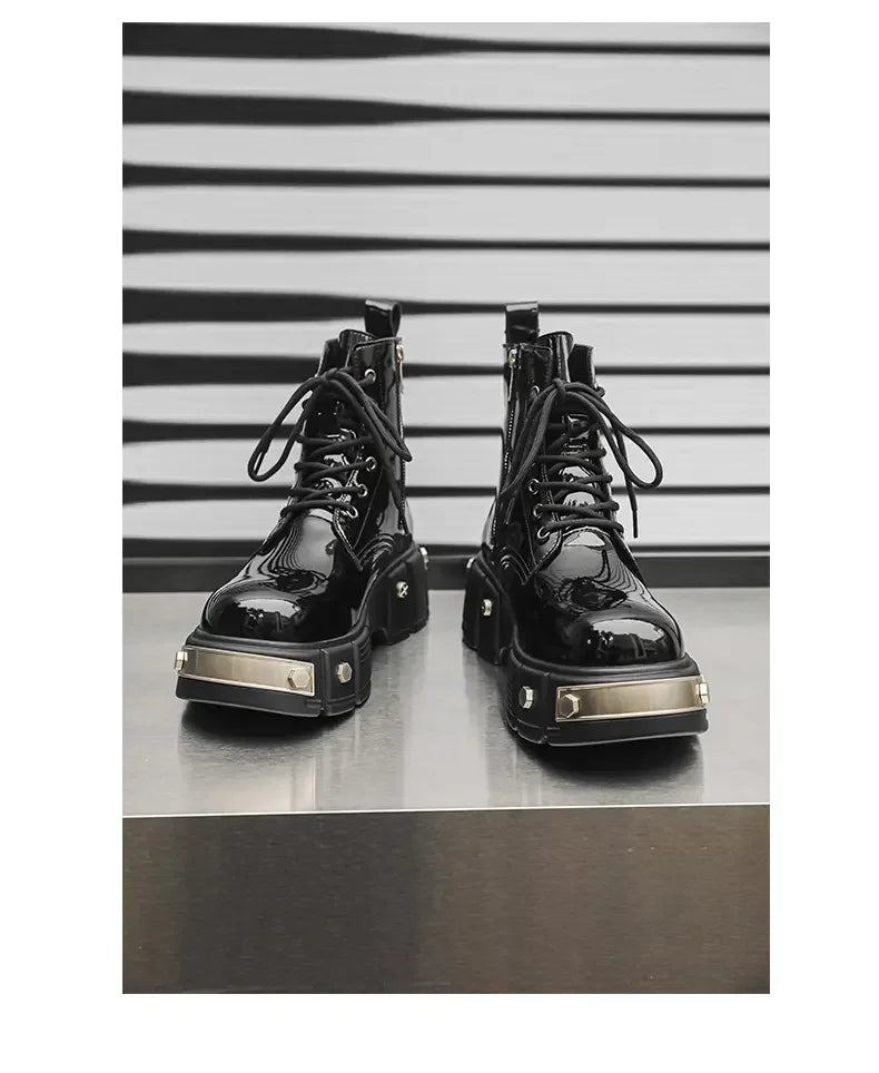 New Men Goth Platform Boots Fashion Rivet Lace Up Punk Wedges Chunky Heels Men Boots Party Street Patent Leather Men Shoes