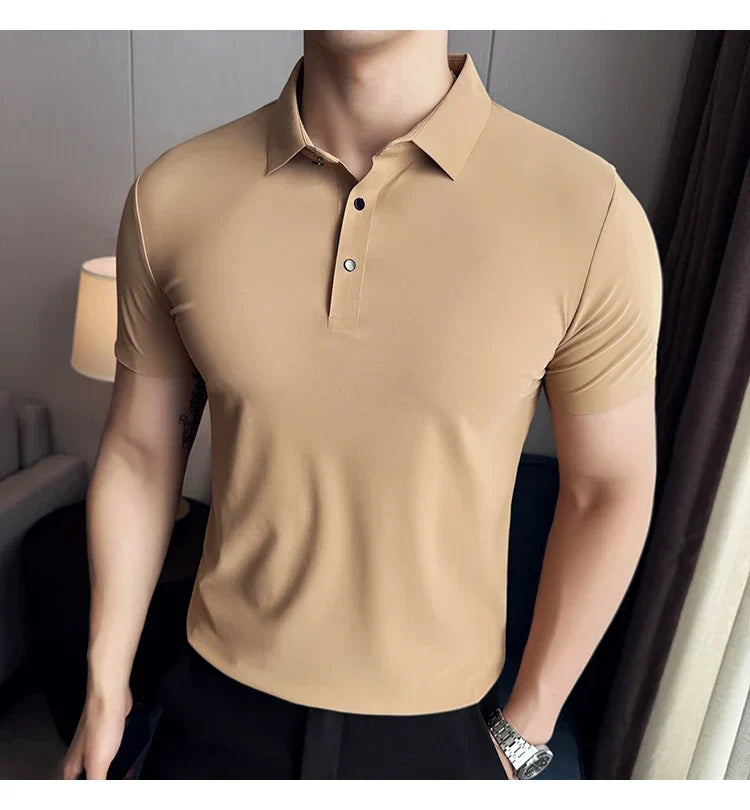 Ice Silk High Elastic Seamless T-shirt ,Summer Thin Polo Shirt, Solid Color Polo Collar Short Sleeve Brown Top, Business Leisure