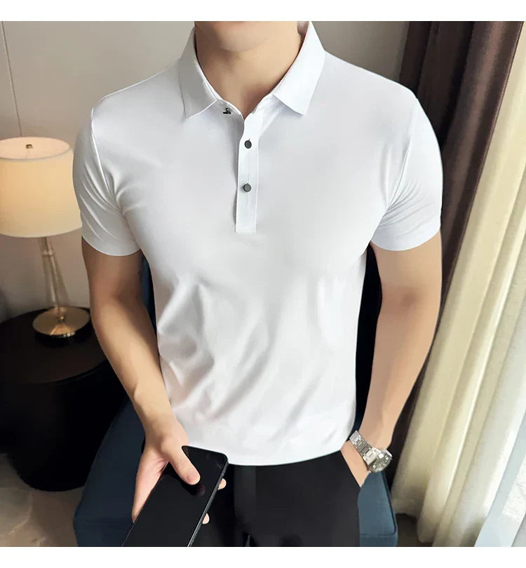 Ice Silk High Elastic Seamless T-shirt ,Summer Thin Polo Shirt, Solid Color Polo Collar Short Sleeve Brown Top, Business Leisure