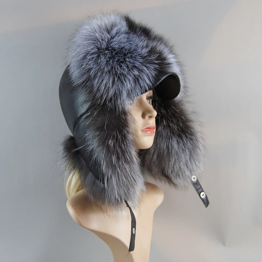 100% Real Fox Fur Hat Women's Russian Ushanka Aviator Trapper Snow Skiing Hat Caps Earflap Winter Raccoon Fur Bomber Hat