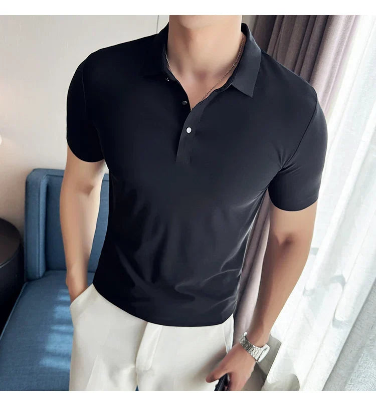 Ice Silk High Elastic Seamless T-shirt ,Summer Thin Polo Shirt, Solid Color Polo Collar Short Sleeve Brown Top, Business Leisure