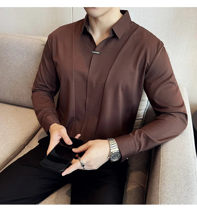 Stitching Special V-neck Long-Sleeved Polo Shirt, Men's High-Grade Elasticity Traceless Lapel T-shirt, Royal Blue Seamless Top