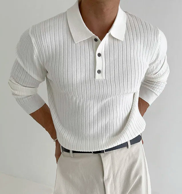 Striped Polo Shirt for Business and Casual Occasionsmen Breathable  Stretchy Slim  Knitted Pullover, Long-sleeve Sweater