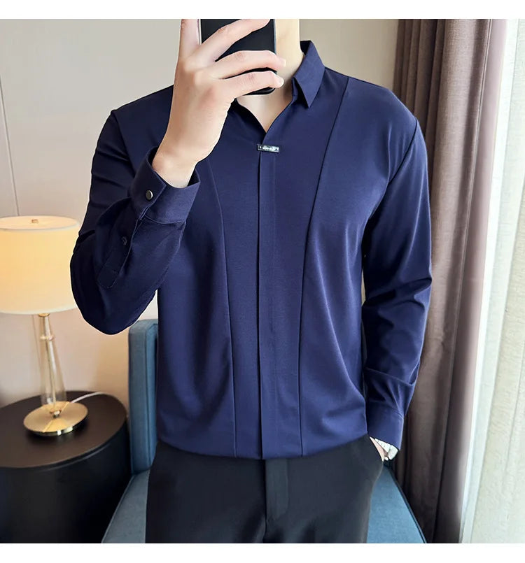 Stitching Special V-neck Long-Sleeved Polo Shirt, Men's High-Grade Elasticity Traceless Lapel T-shirt, Royal Blue Seamless Top